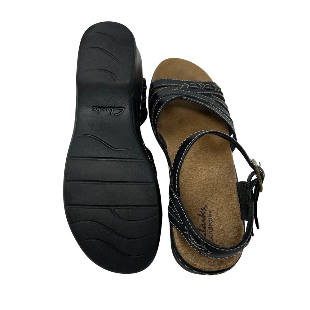 Clarks Bendables Black Leather Wedge Sandals Strappy Ankle Strap Womens 7.5 - Picture 9 of 14